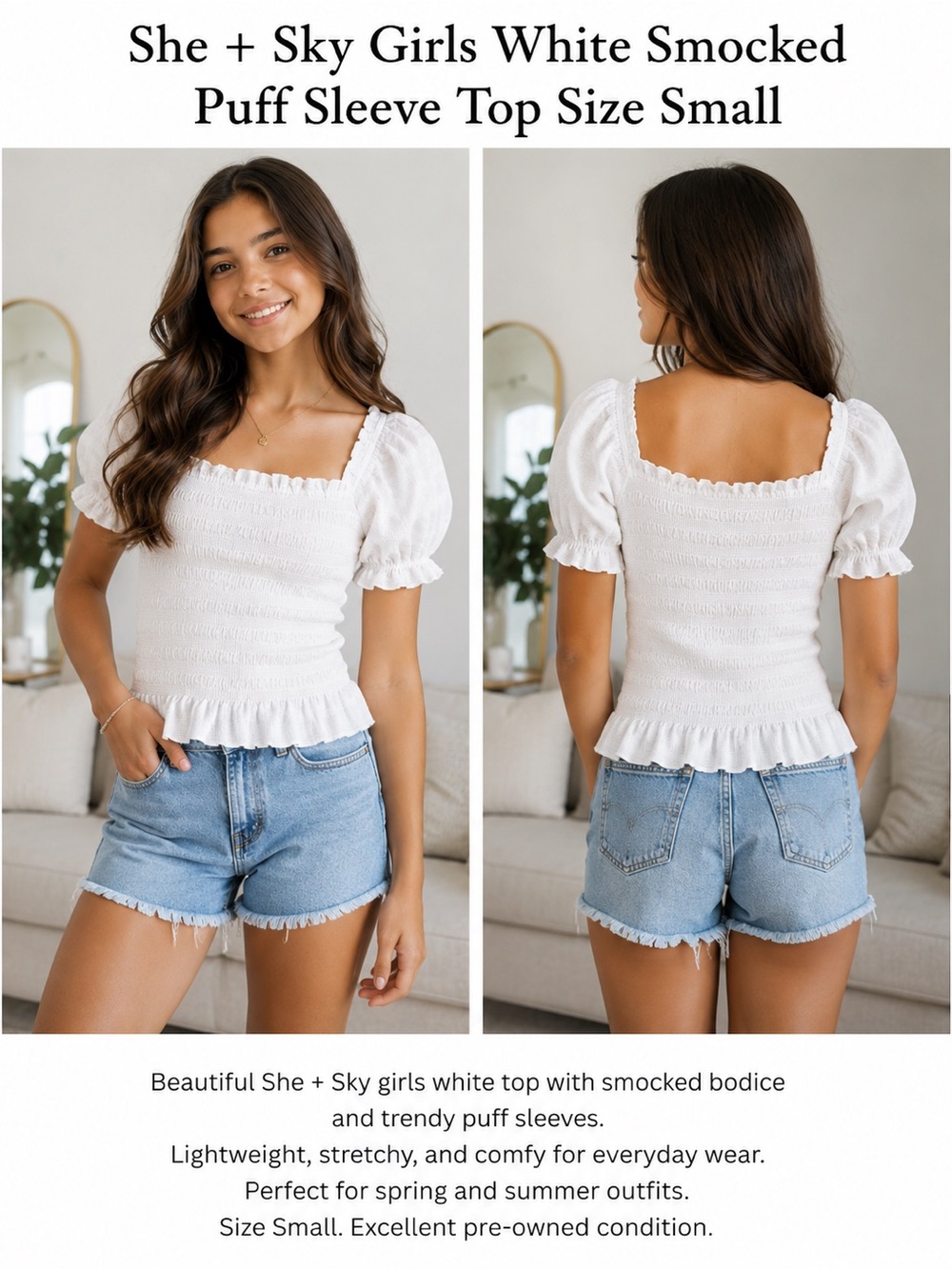 She + Sky White Smocked Puff Sleeve Top Size Small